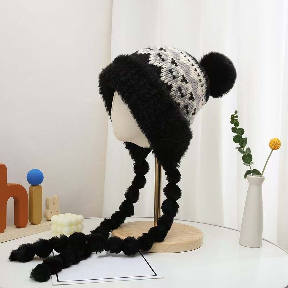 Fleece Lined Pompom Braids Hat - Trapper Hat Ear Flap ulasan dan harga