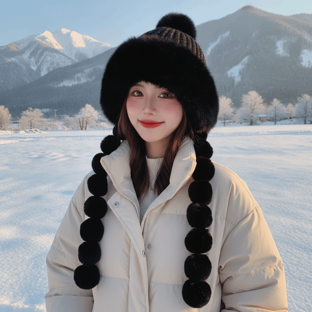 Fleece Lined Pompom Braids Hat - Trapper Hat Ear Flap ulasan dan harga